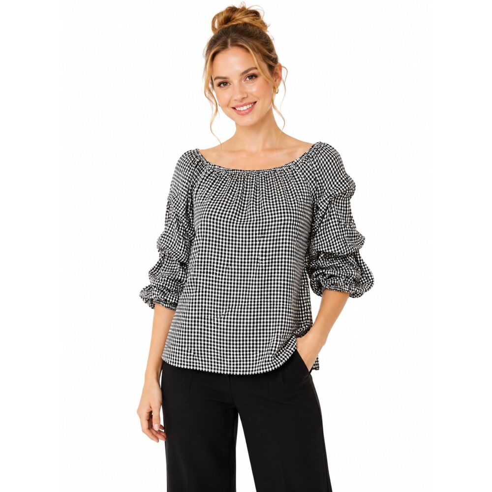 COCO BIANCO Black & White Checked Gingham 3/4 Puffed Sleeve Rayon Blouse Sz M